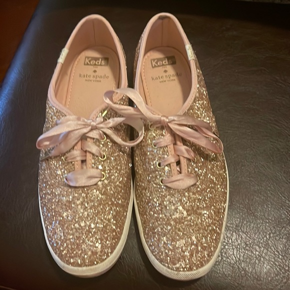 kate spade Shoes - Kate Spade rare sparkly, pink satin lace sneakers. Pink in color a must have.